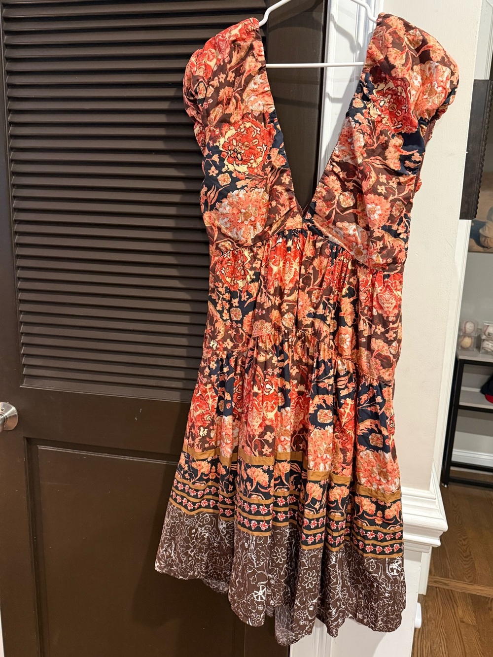 Anthropologie Floral V-Neck Mini Dress in Rust and Navy
